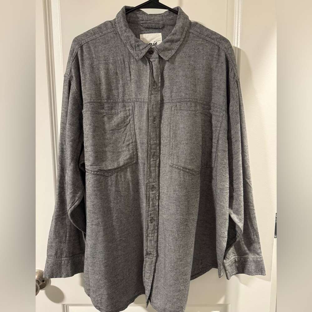 Aerie Anytime Fave Twill Gray Button-Up Blouse